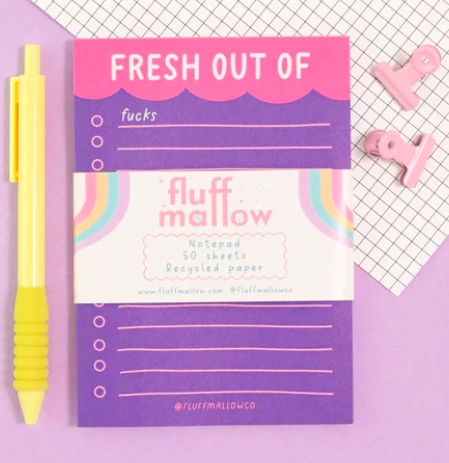 Fresh out of F**ks A6 notepad pictured with stationary items
